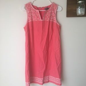 Pink shift dress with white embroidery